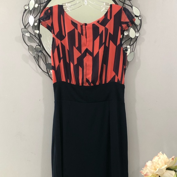 MNG by Mango Geometric Navy/Coral Cap sleeve Key hole Front Sheath Dress Small - Picture 1 of 16